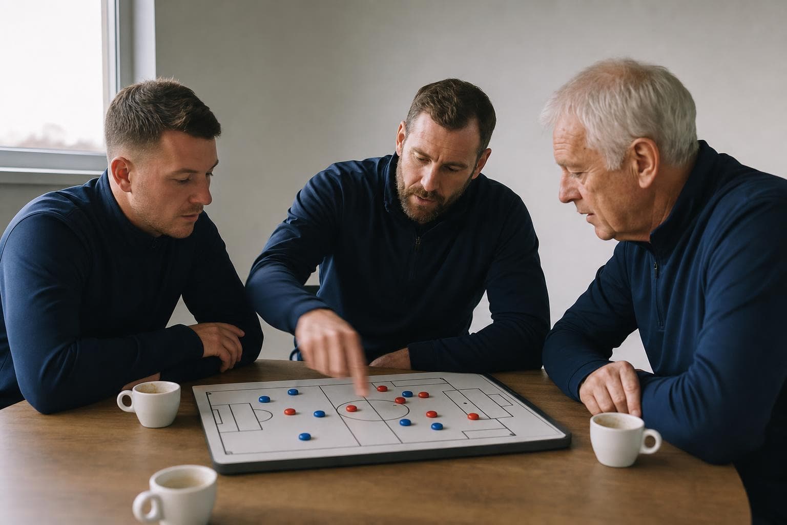 Three football staff members discussing a plan over a magnetic tactics board in a small staff room