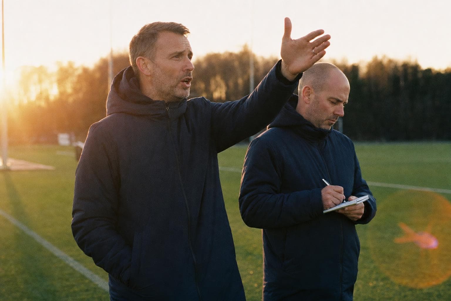 A head coach giving an instruction on the training-pitch touchline at golden hour while an assistant takes notes